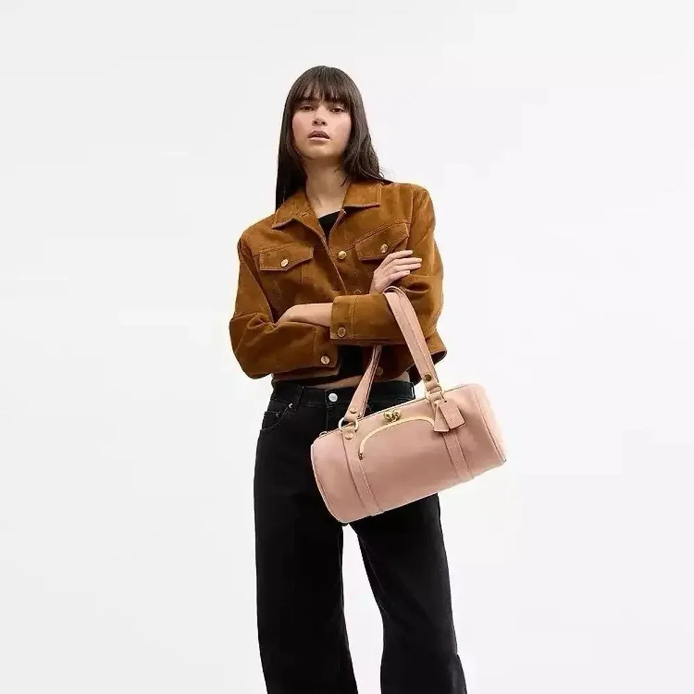 NWT Coach Kisslock Barrel Bag Suede and soft grain leather CDZ16 Brass/Nuage